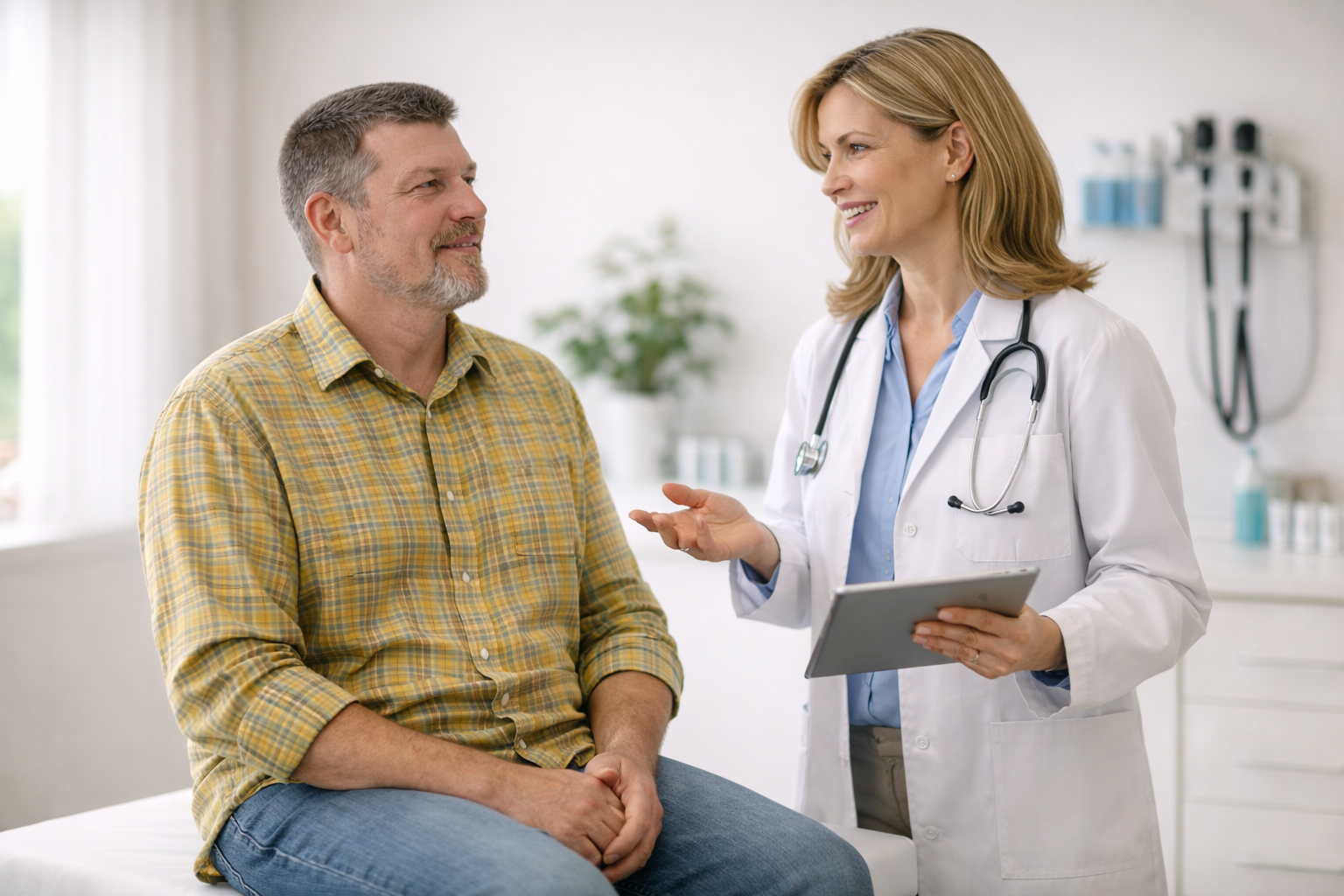 Doctor consulting with a patient in a clinical setting